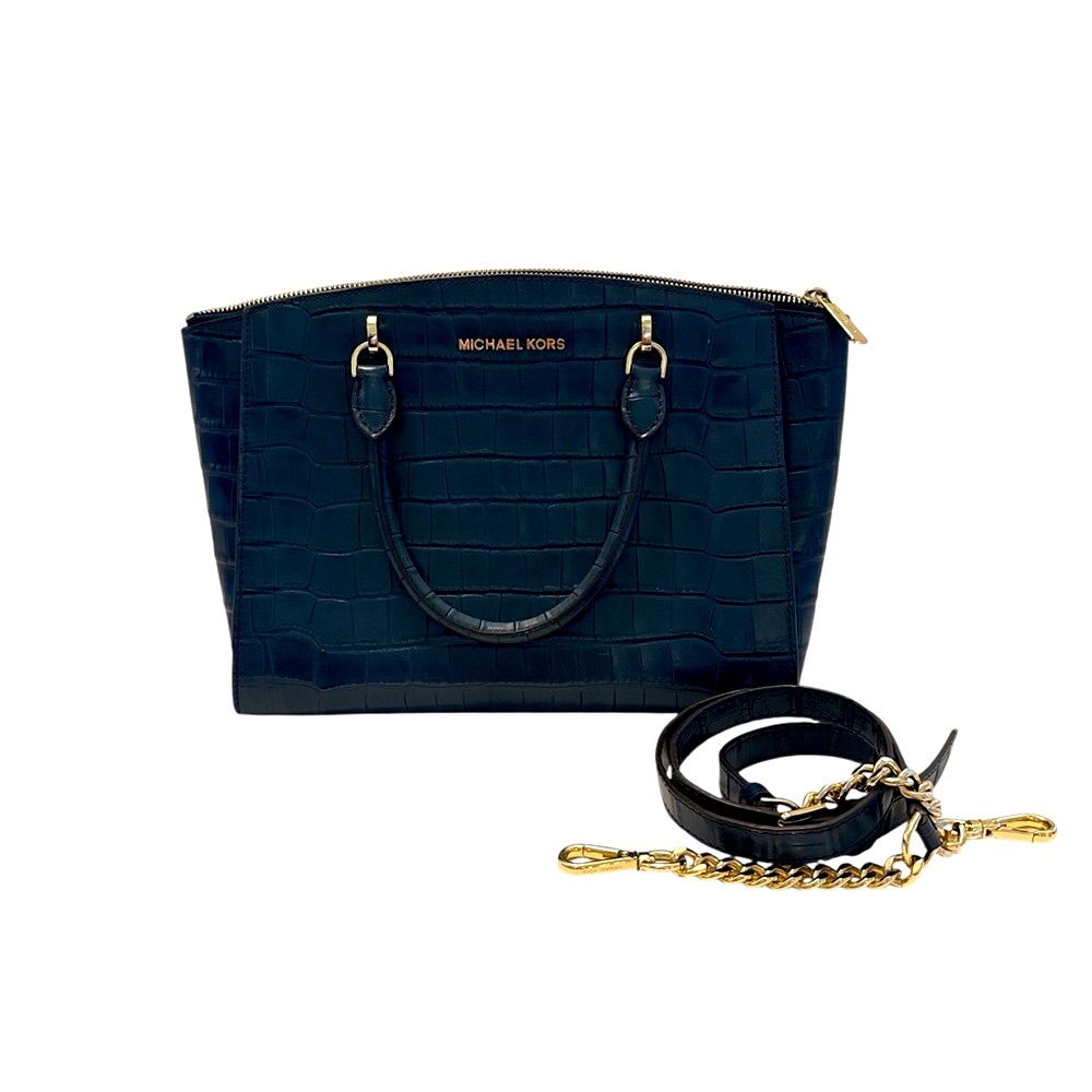 Michael Kors Selma Navy Croc-Embossed Leather | Structured Gold Hardware